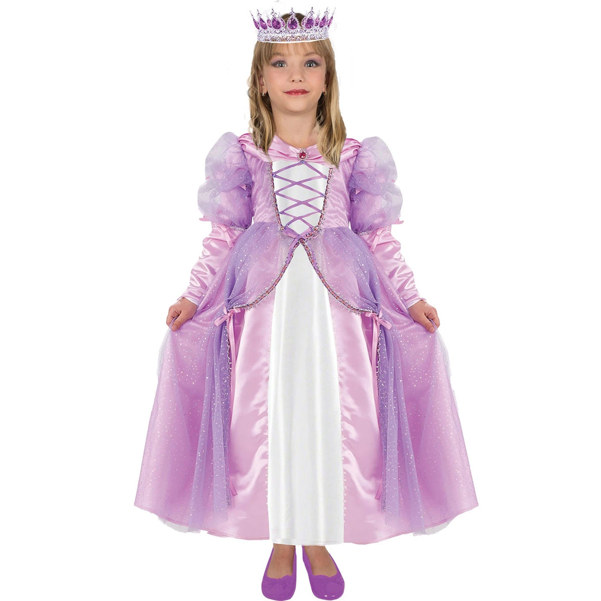 Girl wearing Lola Stars Lilac Princess costume: pink and lilac satin gown with sparkly tulle overlay, lace-up bodice and jeweled purple crown