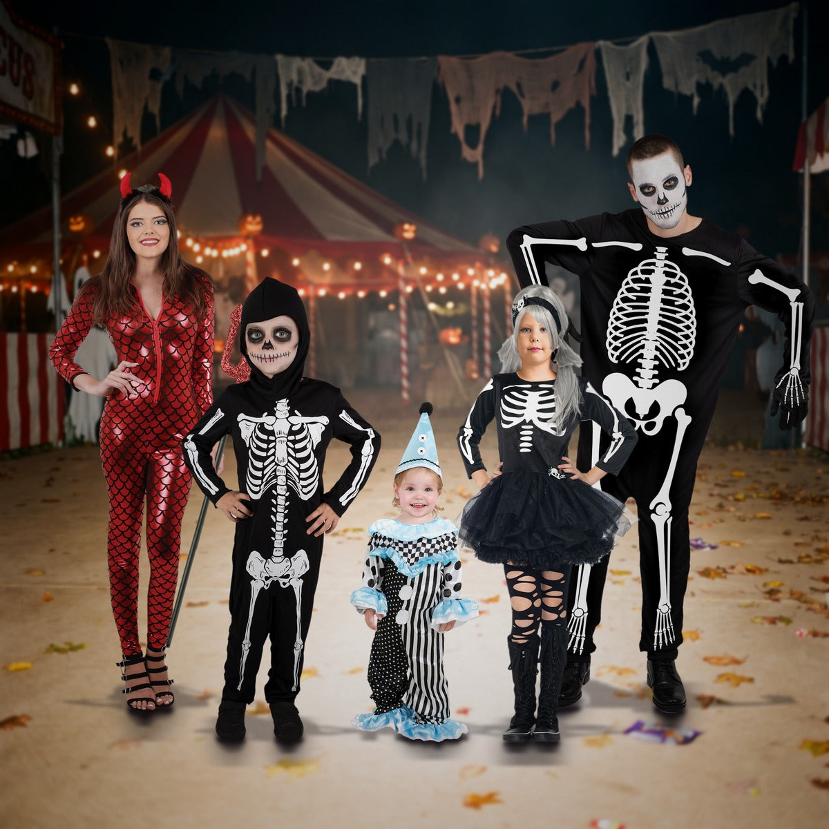 Skeletons, Devils & Clowns family in LOLA STARS costumes. Each costume sold separately.