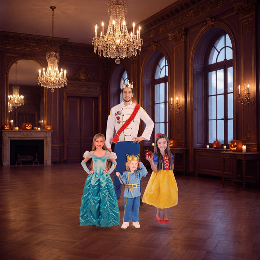 Family in matching LOLA STARS prince and princess costumes in a ballroom