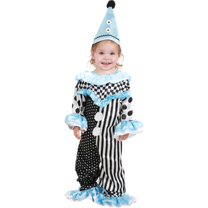 Model wearing Lola Stars toddler jester costume: striped polka-dot jumper with blue ruffles and pointed blue jester hat