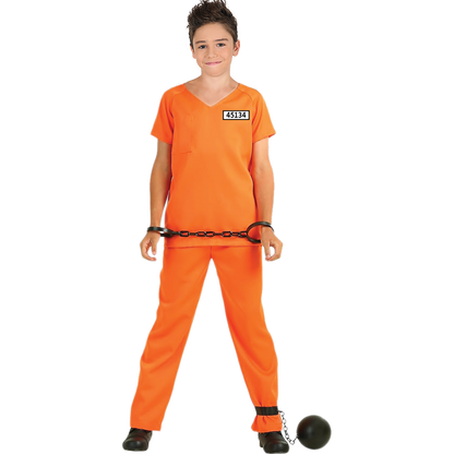 Model wearing Lola Stars boys' prisoner costume: bright orange inmate shirt with number patch and orange pants
