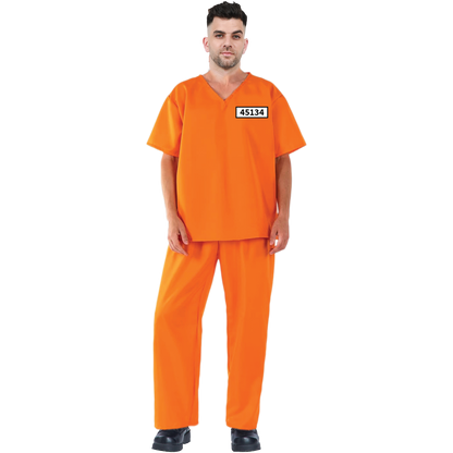 Model wearing Lola Stars men's inmate costume: orange V-neck shirt with number patch and matching orange pants