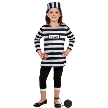 Model wearing Lola Stars girls' inmate costume: striped shirt with number patch, black cropped pants and striped cap