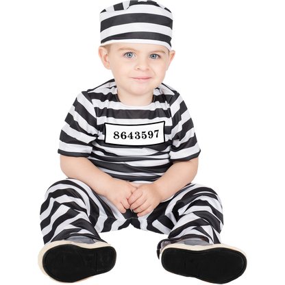 Model wearing Lola Stars baby jailbird costume: black and white striped jumper with number patch and striped cap