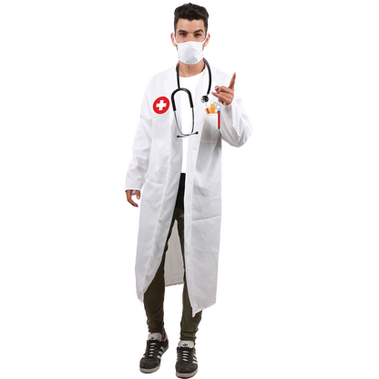 Model wearing Lola Stars men's doctor costume: long white doctor's coat with red cross badge and white face mask