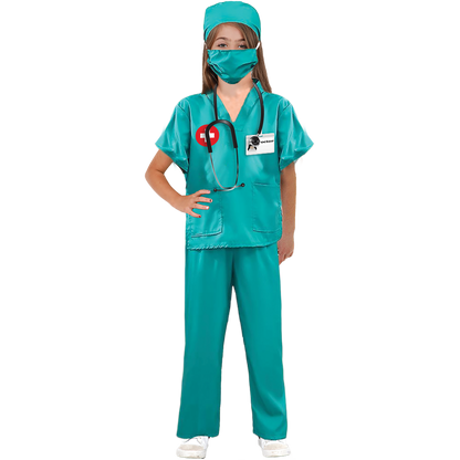 Model wearing Lola Stars girls' surgeon costume: teal scrub top and pants, teal scrub cap and face mask