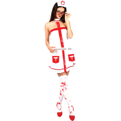 Model wearing Lola Stars women's nurse costume: white strapless dress with red trim and red cross nurse-cap headband