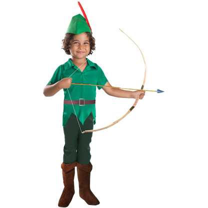 Model wearing Lola Stars boys' woodland archer costume: green leaf-cut top, dark green pants and pointed feathered hat