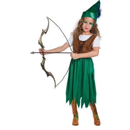 Model wearing Lola Stars girls' archer costume: dress with brown laced bodice, jagged green skirt and green feathered hat