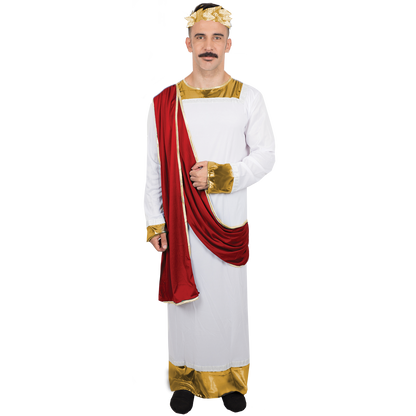 Model wearing Lola Stars men's Greek emperor costume: white robe with gold trim, red sash and gold laurel headband