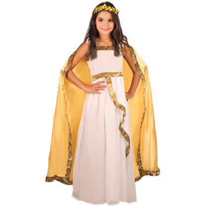 Model wearing Lola Stars girls' Athena Greek goddess costume: white dress with gold trim, gold cape and gold leaf headband