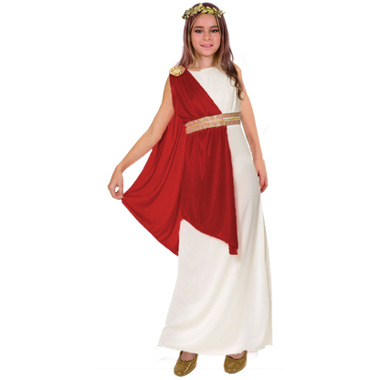 Model wearing Lola Stars girls' Greek goddess costume: white dress with red drape, gold belt and gold leaf headband