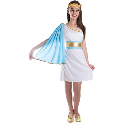 Model wearing Lola Stars teen girls' Greek goddess costume: white one-shoulder dress, blue cape and gold laurel headband