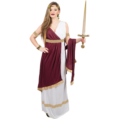 Model wearing Lola Stars women's Greek goddess costume: white gown with burgundy drape, gold belt and gold leaf headband