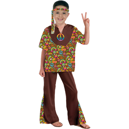 Model wearing Lola Stars boys' hippie costume: peace-print shirt, brown bell-bottom pants and printed headband