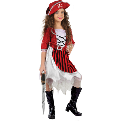 Model wearing Lola Stars girls' pirate costume: red and white striped dress and red tricorn hat with skull emblem