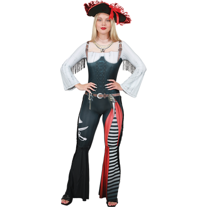 Model wearing Lola Stars women's pirate costume: printed jumpsuit with corset-style bodice and black tricorn hat