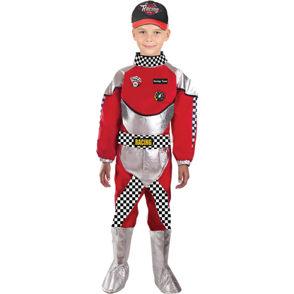Model wearing Lola Stars boys' race car driver costume: red and silver racing jumpsuit with checkered trim