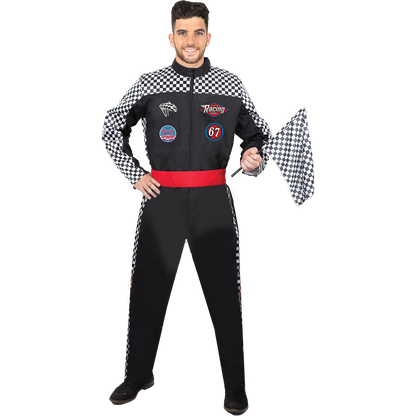 Model wearing Lola Stars men's race car driver costume: black jumpsuit with checkerboard trim, red waistband and patches