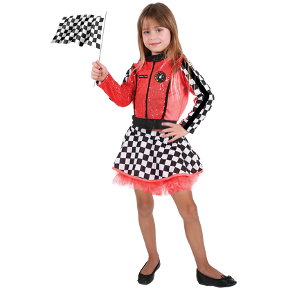 Model wearing Lola Stars girls' racer costume: red racing jacket with checkered stripes and checkered tulle-trim skirt