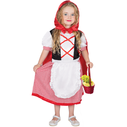Model wearing Lola Stars toddler storybook costume: red gingham dress, white apron and red cape