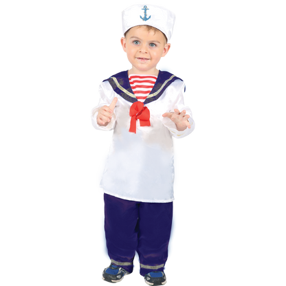 Model wearing Lola Stars toddler sailor costume: white sailor shirt with navy trim, navy pants and white anchor hat