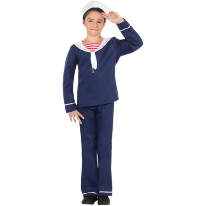 Model wearing Lola Stars boys' sailor costume: navy sailor top with white trim, navy pants and white sailor hat