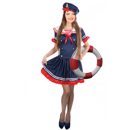 Model wearing Lola Stars women's sailor costume: navy dress with red ruffle trim and navy sailor hat with anchor