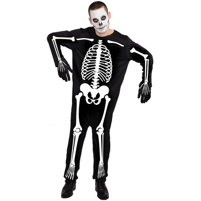 Model wearing Lola Stars men's skeleton costume: black jumpsuit with white skeleton print