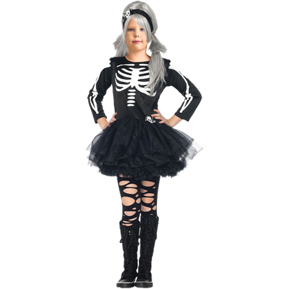 Model wearing Lola Stars girls' skeleton ballerina costume: black skeleton-print dress with tulle tutu and skull headband