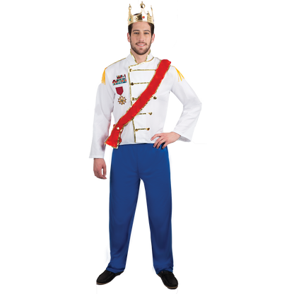 Model wearing Lola Stars men's prince costume: white and gold royal jacket with medals, red sash and blue pants