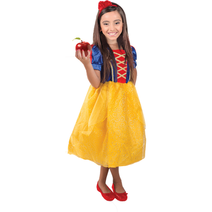 Model wearing Lola Stars girls' princess costume: blue and yellow dress with puffed sleeves and a red headband