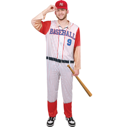 Model wearing Lola Stars men's baseball costume: white pinstripe jumpsuit with red sleeves and number 9, red baseball cap