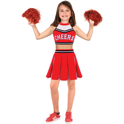 Model wearing Lola Stars girls' cheerleader costume: red CHEERS top, red pleated skirt and sparkly red pom-poms