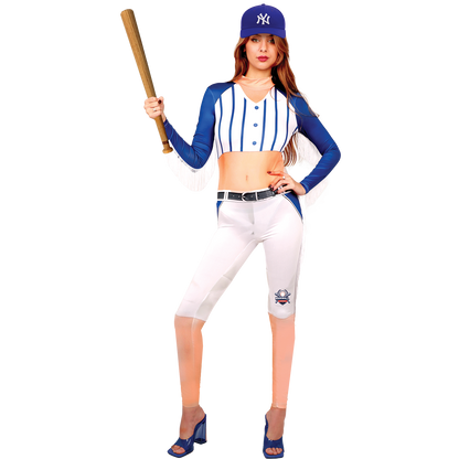 Model wearing Lola Stars women's baseball costume: pinstripe jersey-look jumpsuit with blue sleeves and blue baseball cap