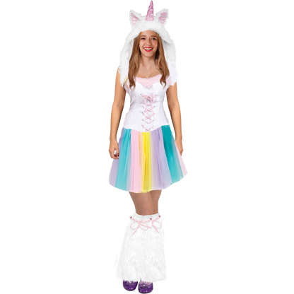 Model wearing Lola Stars women's unicorn costume: horned unicorn hat, rainbow tulle dress and fluffy boot covers