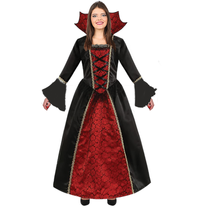 Model wearing Lola Stars women's vampire costume: black and crimson gown with laced bodice, bell sleeves and high collar