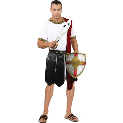 Model wearing Lola Stars men's Roman centurion costume: white tunic with gold Greek-key trim and black paneled skirt