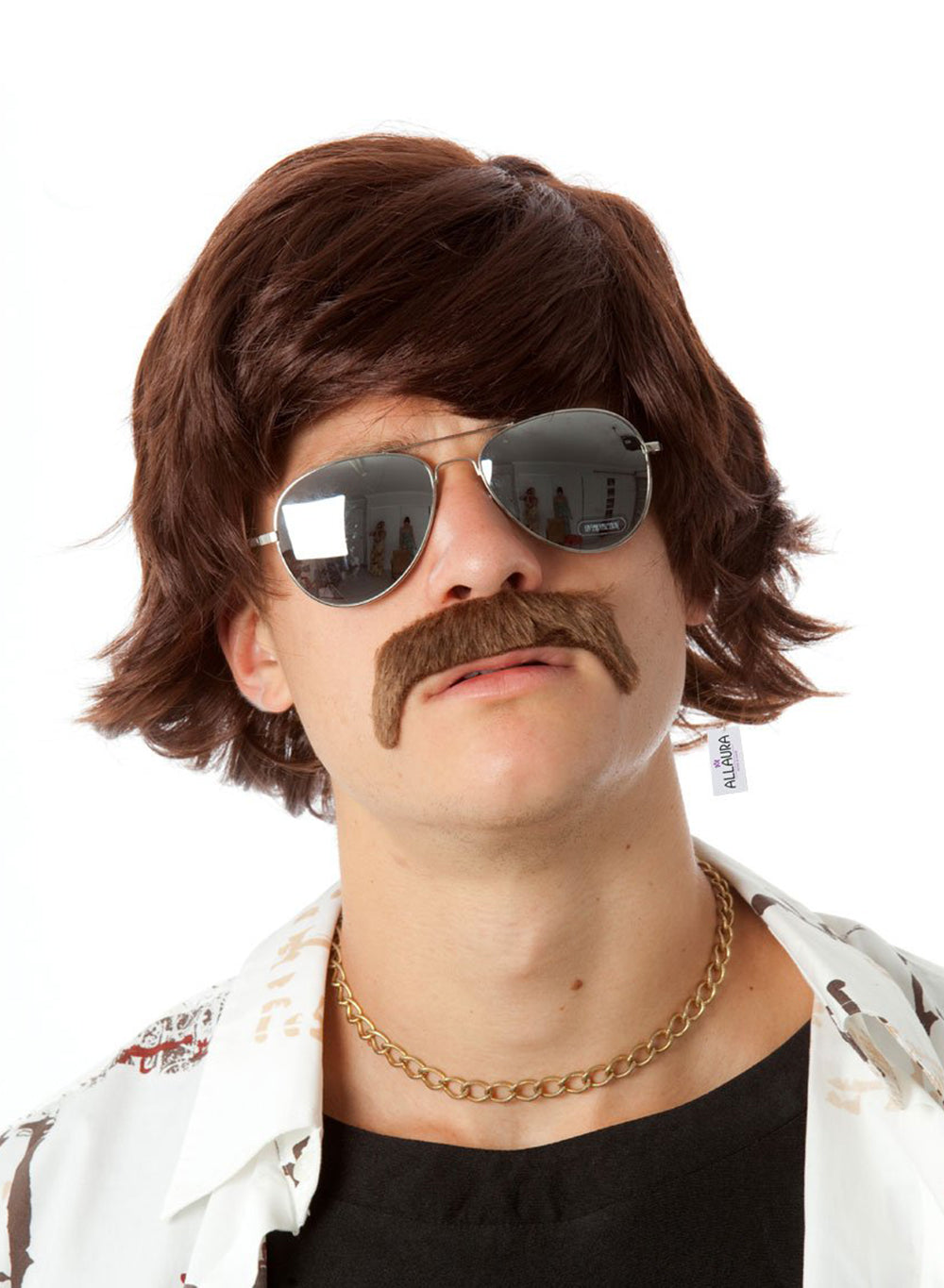 70s Brown Wig & Moustache costume wig