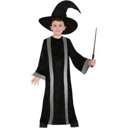 Model wearing Lola Stars boys' wizard costume: long black robe with silver-gray stripes and tall pointed black hat
