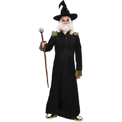 Model wearing Lola Stars men's wizard costume: long black robe with olive-gold shoulders and a tall pointed black hat