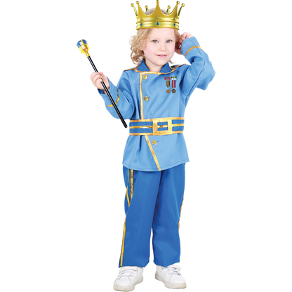 Model wearing Lola Stars toddler king costume: blue royal jacket with gold trim, blue pants, gold belt and gold crown