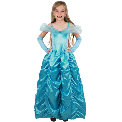 Model wearing Lola Stars girls' princess costume: aqua-blue ball gown with sheer ruffled sleeves and long aqua gloves