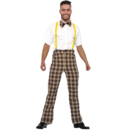 Model wearing Lola Stars men's nerd costume: white short-sleeve shirt, high-waisted plaid pants and plaid tie