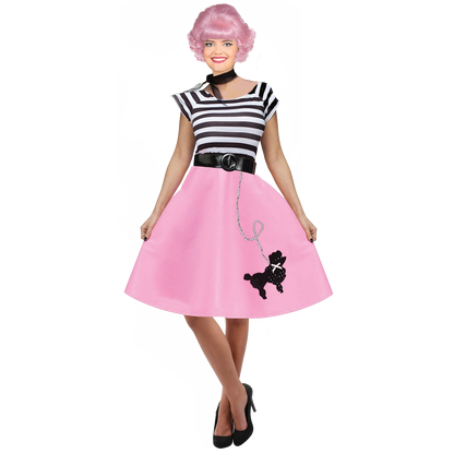 Model wearing Lola Stars women's 50s costume: striped top, pink poodle-skirt dress and black neck scarf