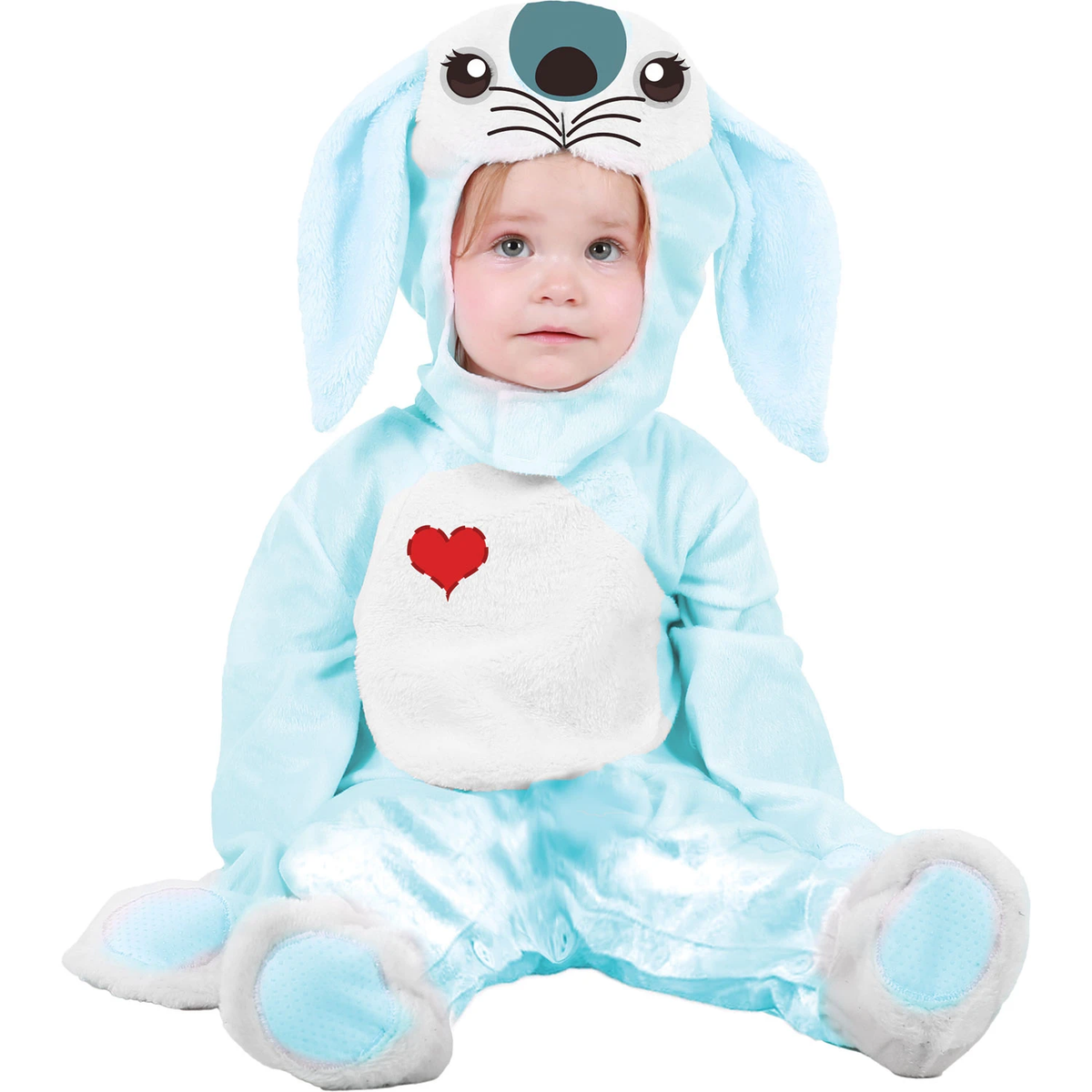 Model wearing Lola Stars baby bunny costume: pale blue jumper with heart tummy and bunny hood with floppy ears