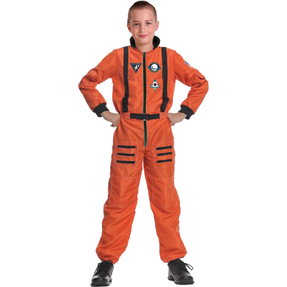 Model wearing Lola Stars boys' astronaut costume: bright orange jumpsuit with black straps and mission patches