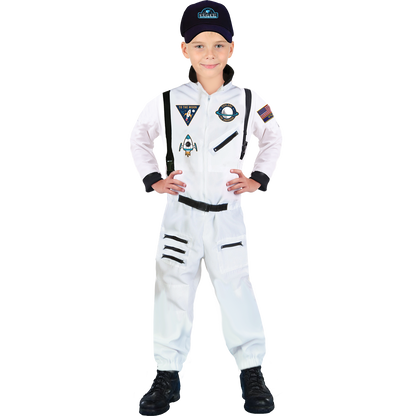 Model wearing Lola Stars boys' astronaut costume: white jumpsuit with black straps, stripes and mission patches