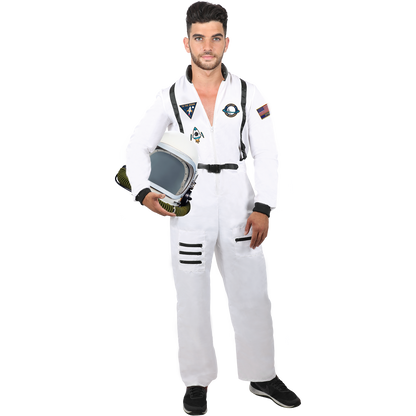 Model wearing Lola Stars men's astronaut costume: white jumpsuit with patches and black straps