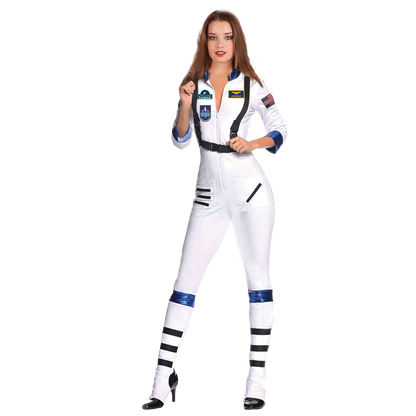 Model wearing Lola Stars women's astronaut costume: fitted white jumpsuit with patches, straps and striped lower legs